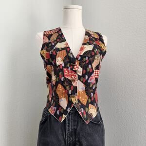Vintage 90s Libby Black Tapestry Vest Fan Print Orange Pink Button Front Top S